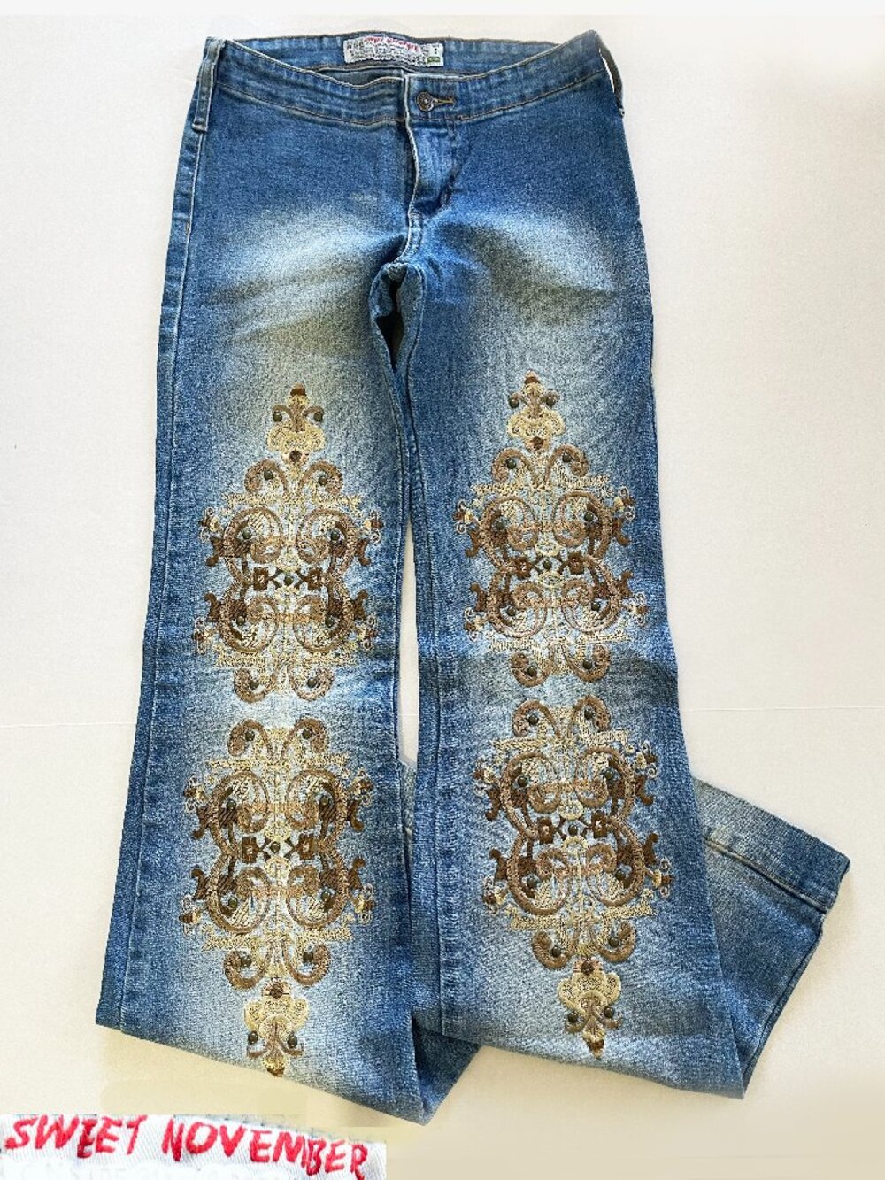 Vintage Sweet November Low-Rise Brazilian Blue Embroidered Jeans Wide Leg Size 4